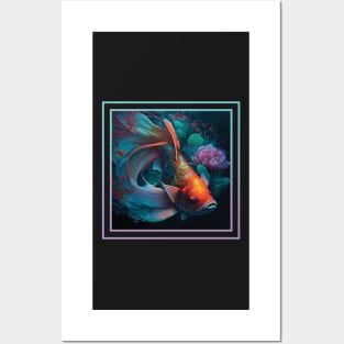 Silky Koi Fish Vibrant Tropical Flower Digital Oil Painting Portrait Posters and Art